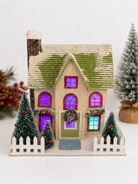 Vintage Style Lighted Christmas House Color Changing LED Cardboard Cottage